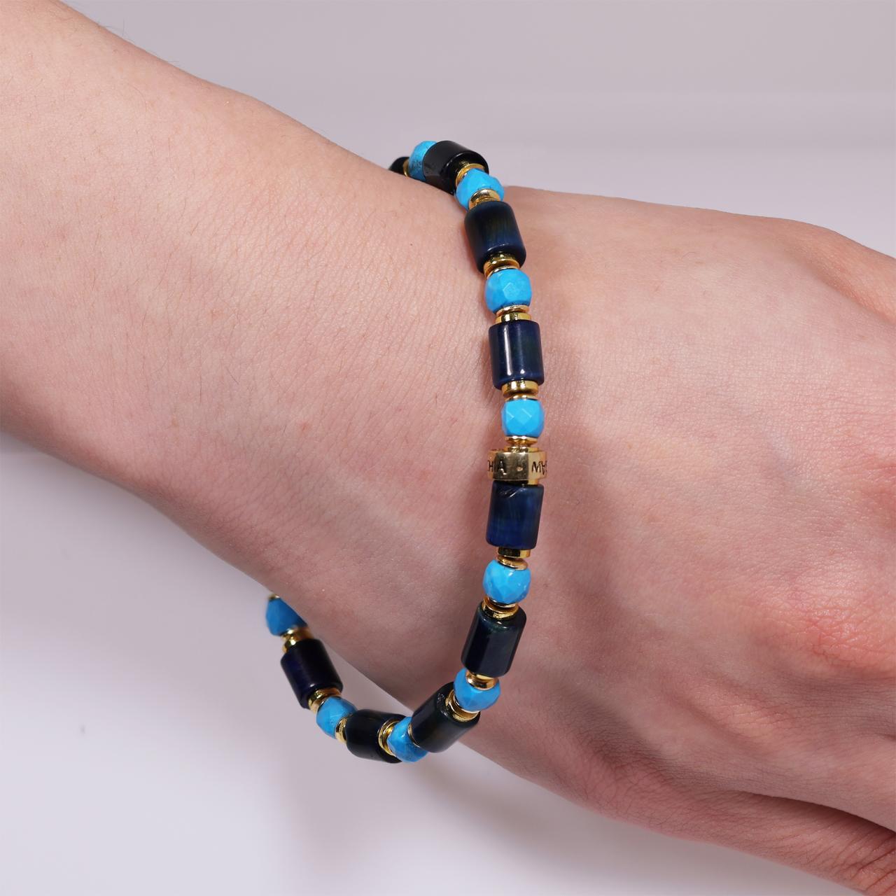 Blue tiger eye and turquoise beads bracelet with gold plated silver fittings from the Carmela Cerrone Collection