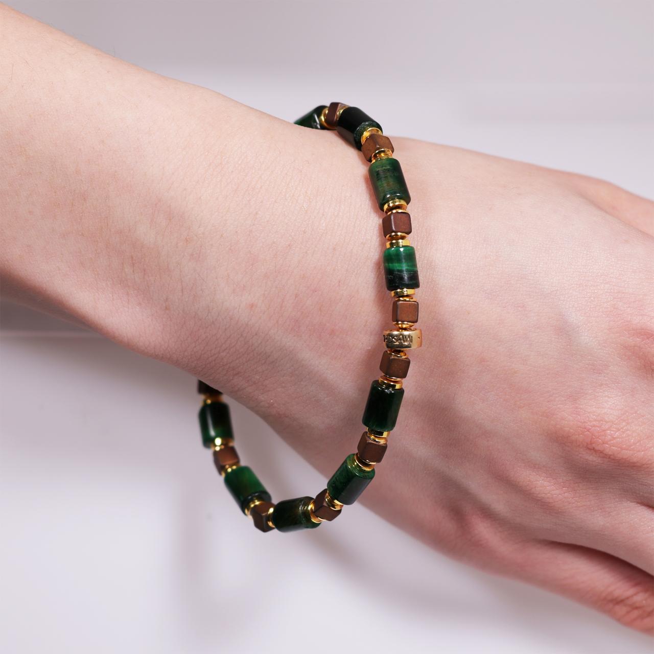 Green tiger eye and hematite beads bracelet with gold plated silver fittings from the Carmela Cerrone Collection