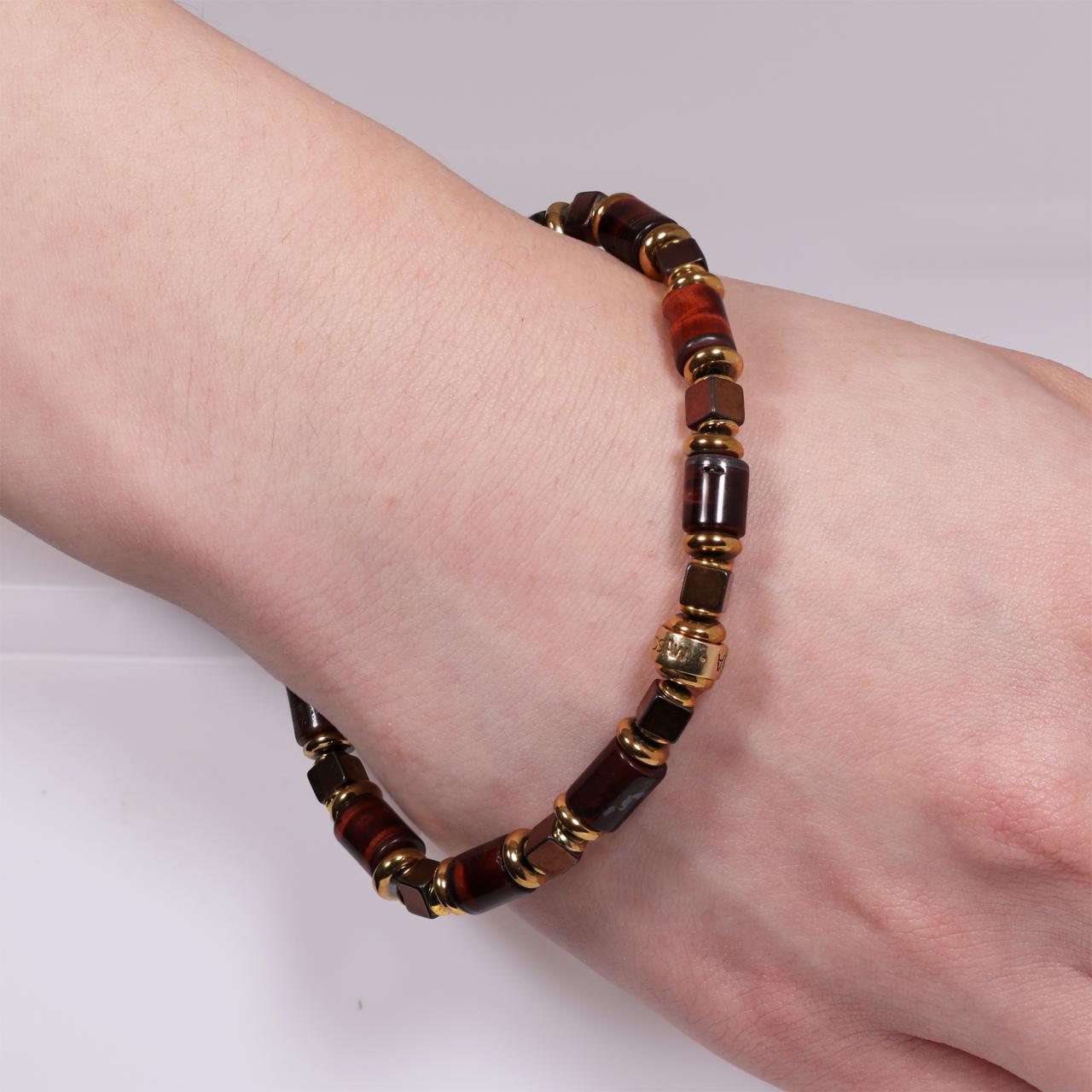 Brown tiger eye and hematite beads bracelet with gold plated silver fittings from the Carmela Cerrone Collection