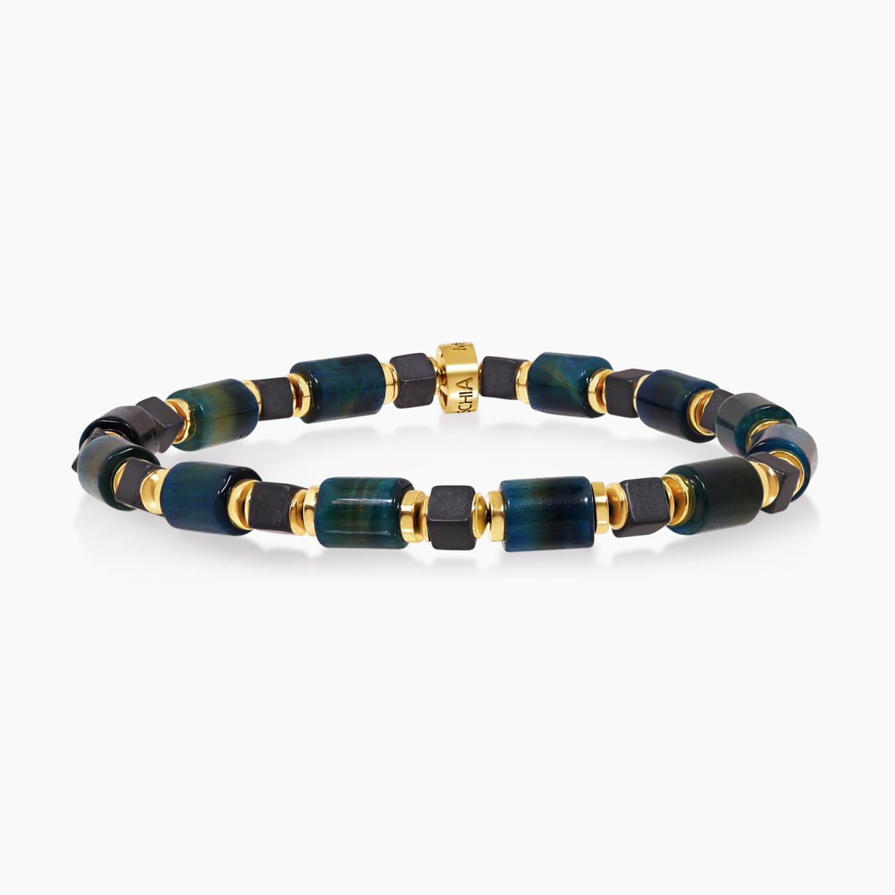 Green tiger eye and hematite beads bracelet with gold plated silver fittings from the Carmela Cerrone Collection