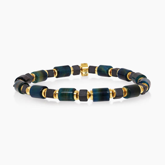 Green tiger eye and hematite beads bracelet with gold plated silver fittings