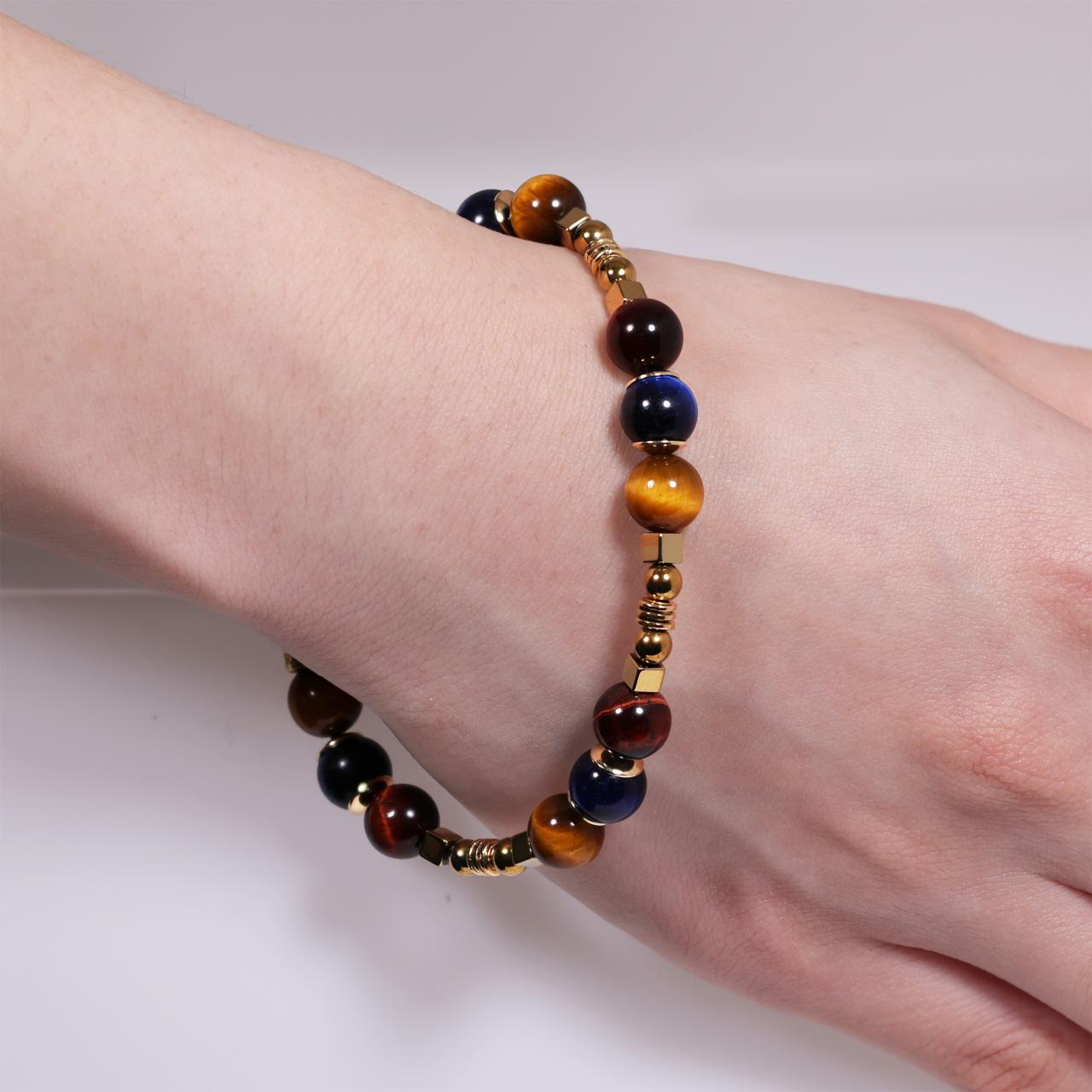 Multi-colour tiger eye and hematite beads bracelet with gold plated silver fittings from the Carmela Cerrone Collection