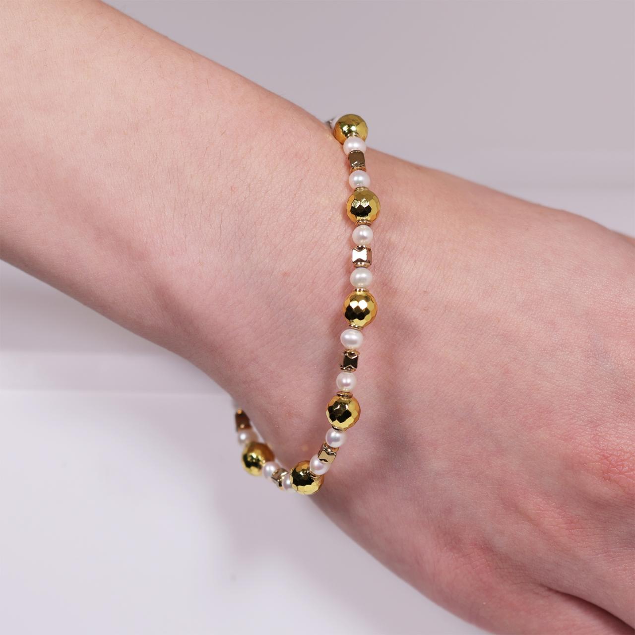 Fresh water pearl and hematite beads bracelet with gold plated silver fittings from the Carmela Cerrone Collection