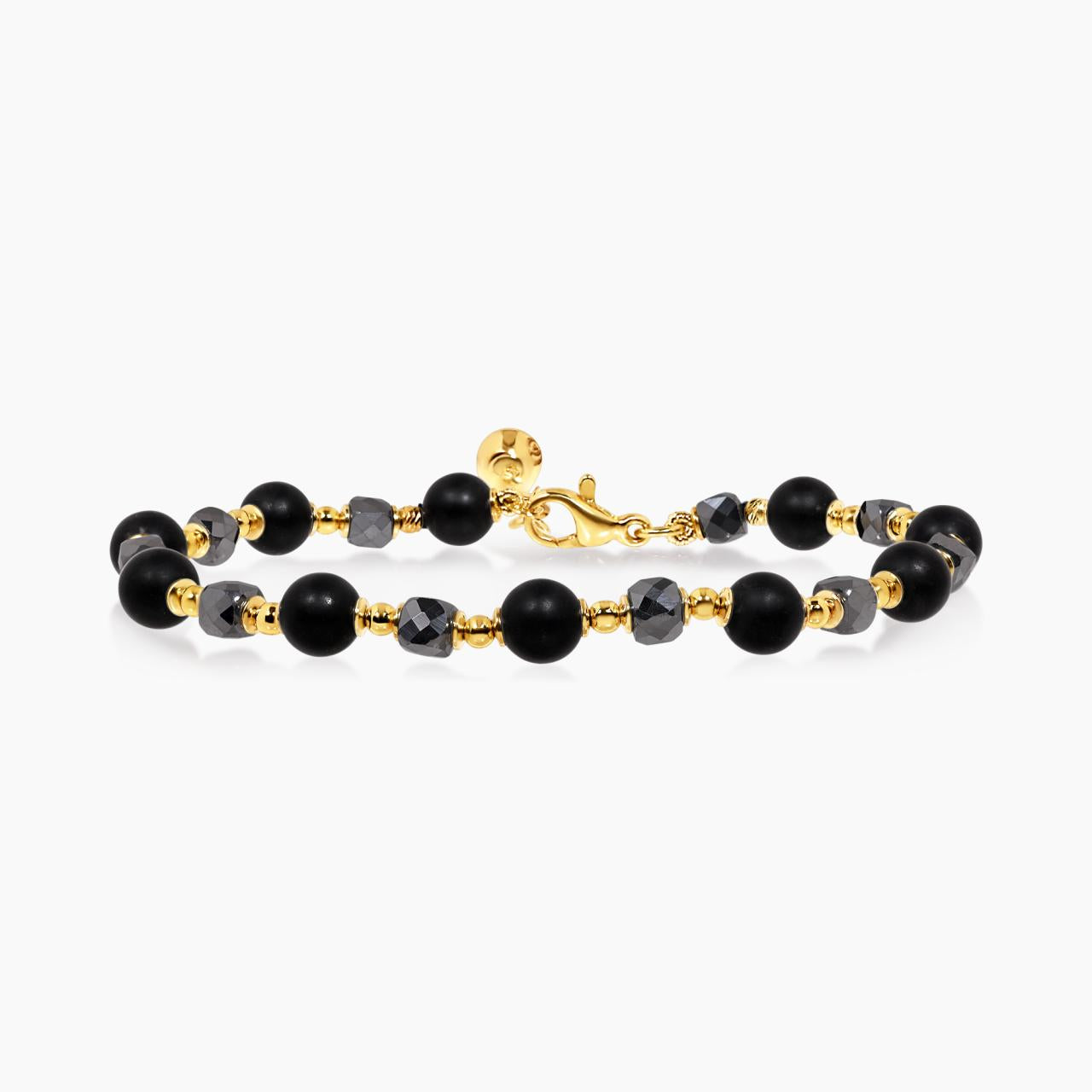 Black agate and terahertz beads bracelet with gold plated silver fittings from the Carmela Cerrone Collection