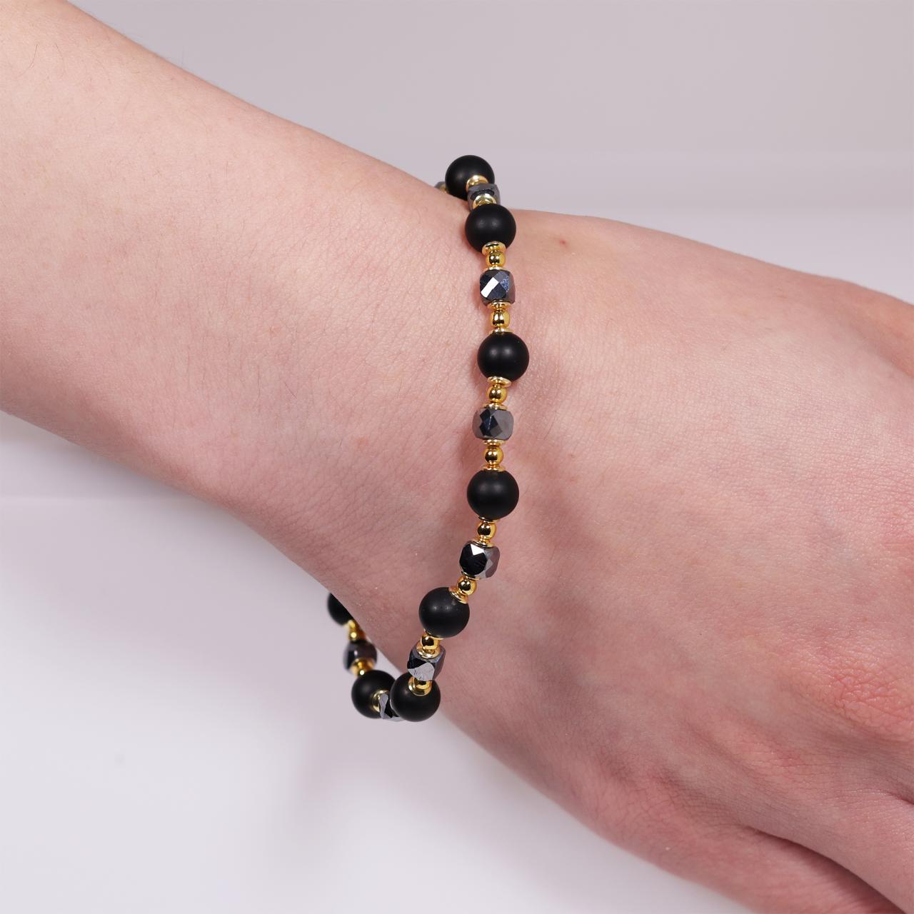 Black agate and terahertz beads bracelet with gold plated silver fittings from the Carmela Cerrone Collection