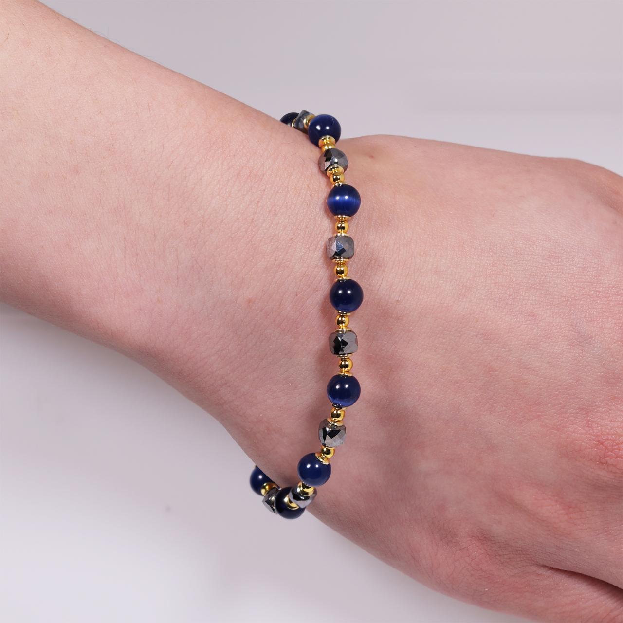 Blue agate and terahertz beads bracelet with gold plated silver fittings from the Carmela Cerrone Collection