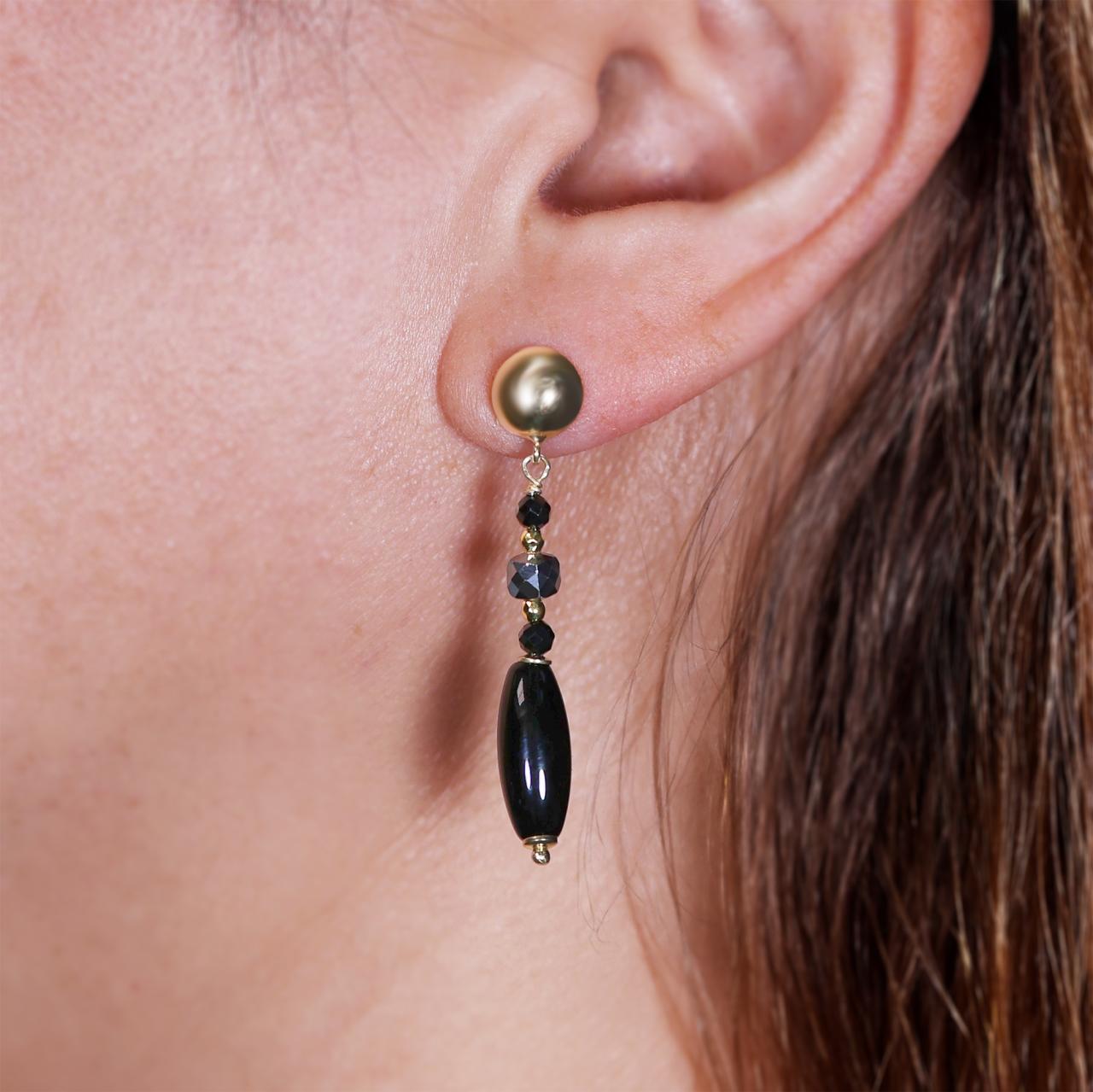 Onyx, spinel and terahertz beads drop earrings with gold-plated silver fittings from the Carmela Cerrone Collection
