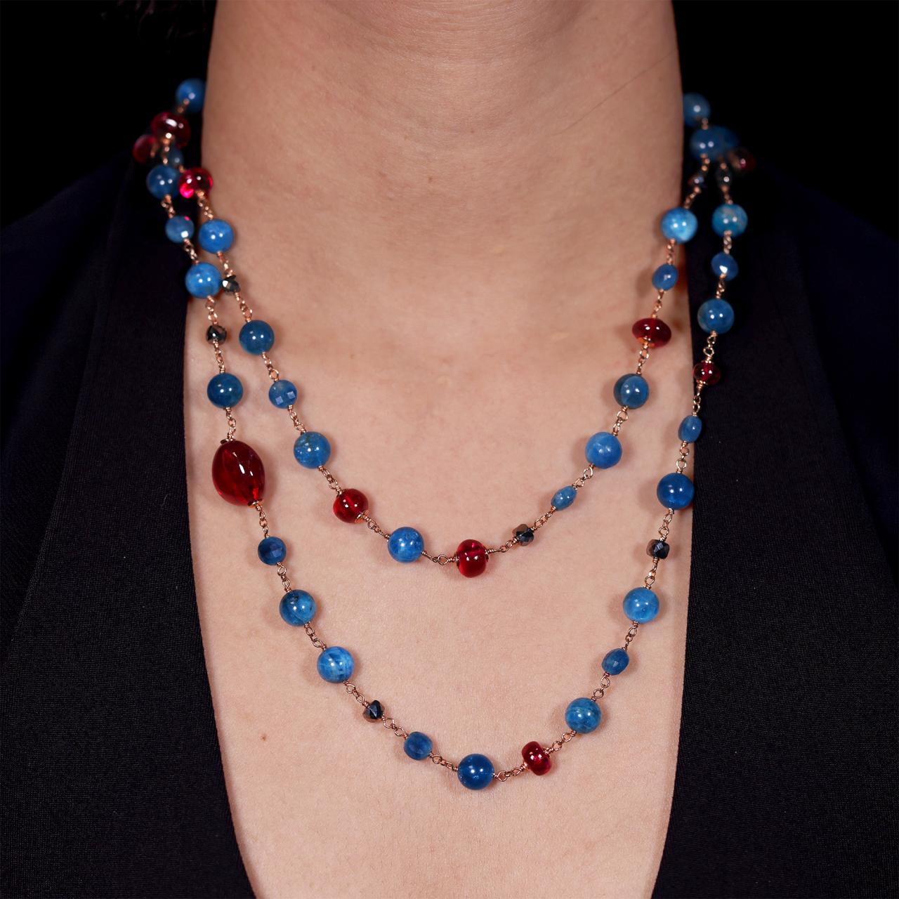 Apatite and red spinel beads necklace with gold-plated silver fittings from the Carmela Cerrone Collection