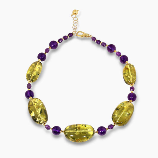 Amethyst and amber beads necklace with gold-plated silver fittings 