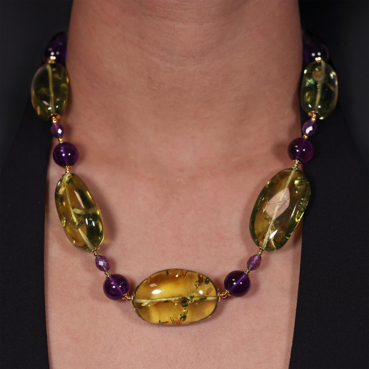 Amethyst and amber beads necklace with gold-plated silver fittings from the Carmela Cerrone Collection