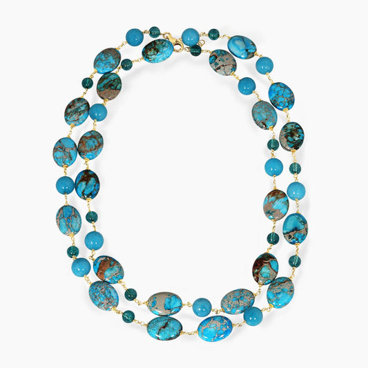 Turquoise and Paraiba quartz beads necklace with gold-plated silver fittings from the Carmela Cerrone Collection