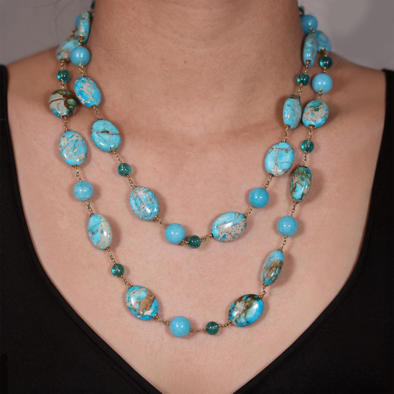 Turquoise and Paraiba quartz beads necklace with gold-plated silver fittings from the Carmela Cerrone Collection