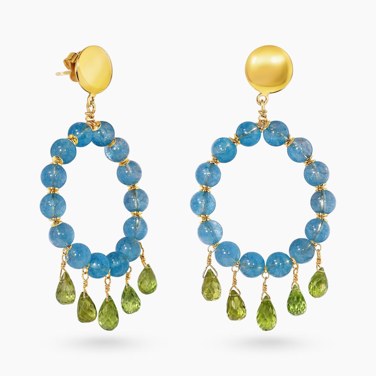 Aquamarine and peridot beads earring with gold-plated silver fittings