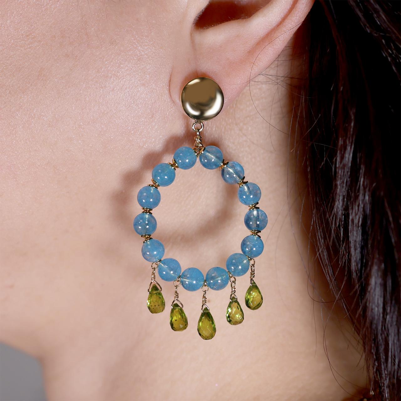 Aquamarine and peridot beads earring with gold-plated silver fittings