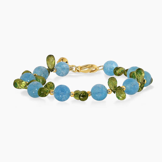Aquamarine and peridot beads bracelet with gold plated silver fittings