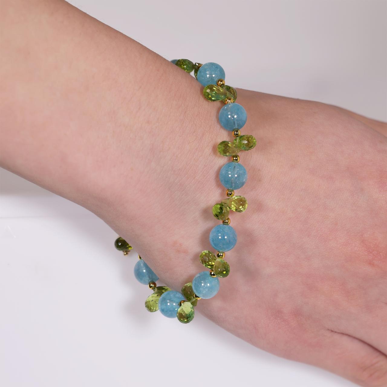 Aquamarine and peridot beads bracelet with gold plated silver fittings from the Carmela Cerrone Collection