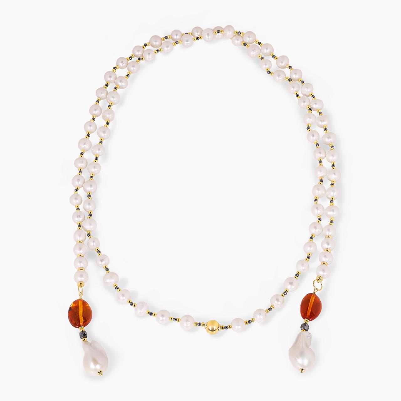 Fresh water pearls, Terahertz and amber beads necklace with gold-plated silver fittings from the Carmela Cerrone Collection