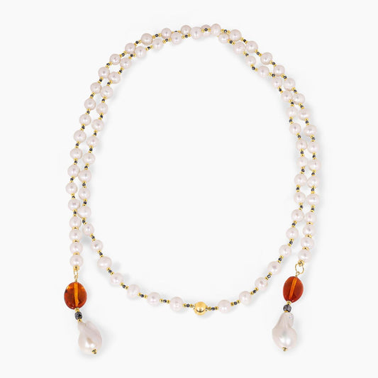 Fresh water pearls, Terahertz and amber beads necklace with gold-plated silver fittings from the Carmela Cerrone Collection