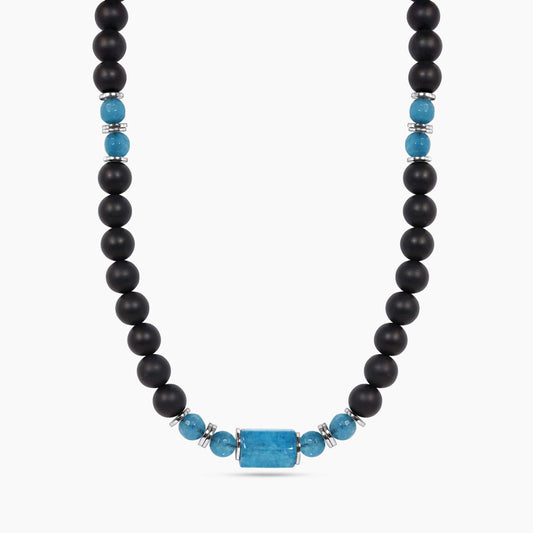 Onyx and aquamarine beads necklace with gold-plated silver fittings 