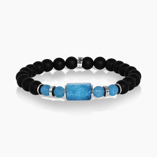 Onyx and aquamarine beads bracelet with gold plated silver fittings