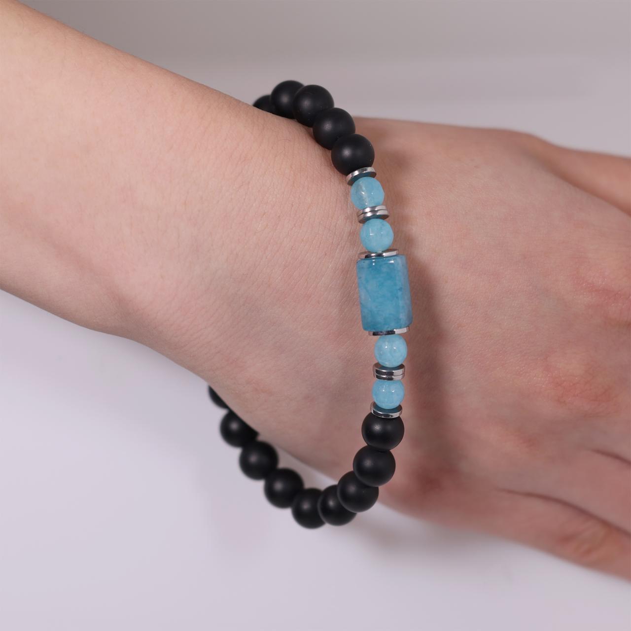 Onyx and aquamarine beads bracelet with gold plated silver fittings from the Carmela Cerrone Collection