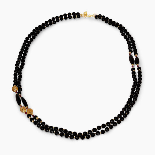 Onyx, Citrine and rubellite beads necklace with gold-plated silver fittings 