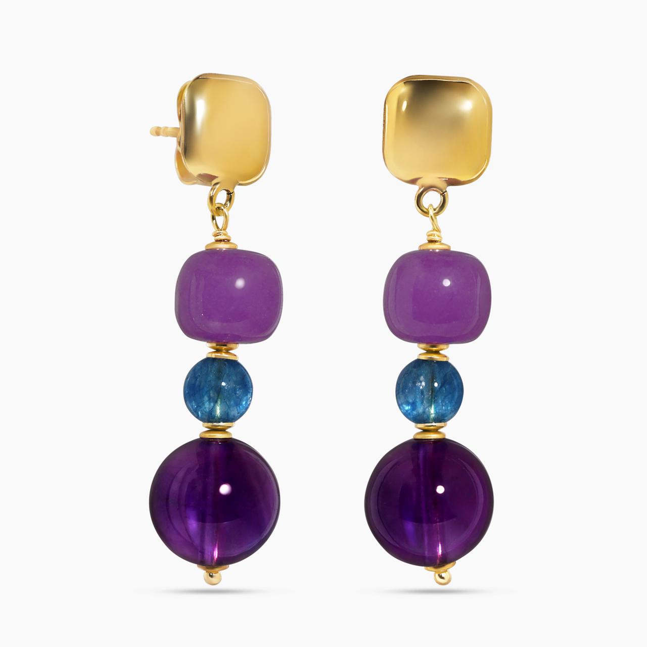Amethyst, quartz and jade beads  drop earrings with gold-plated silver fittings from the Carmela Cerrone Collection