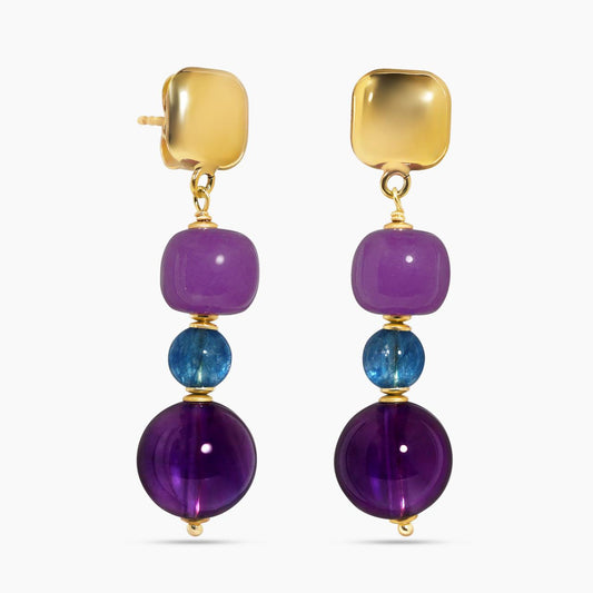 Amethyst, quartz and jade beads  drop earrings with gold-plated silver fittings