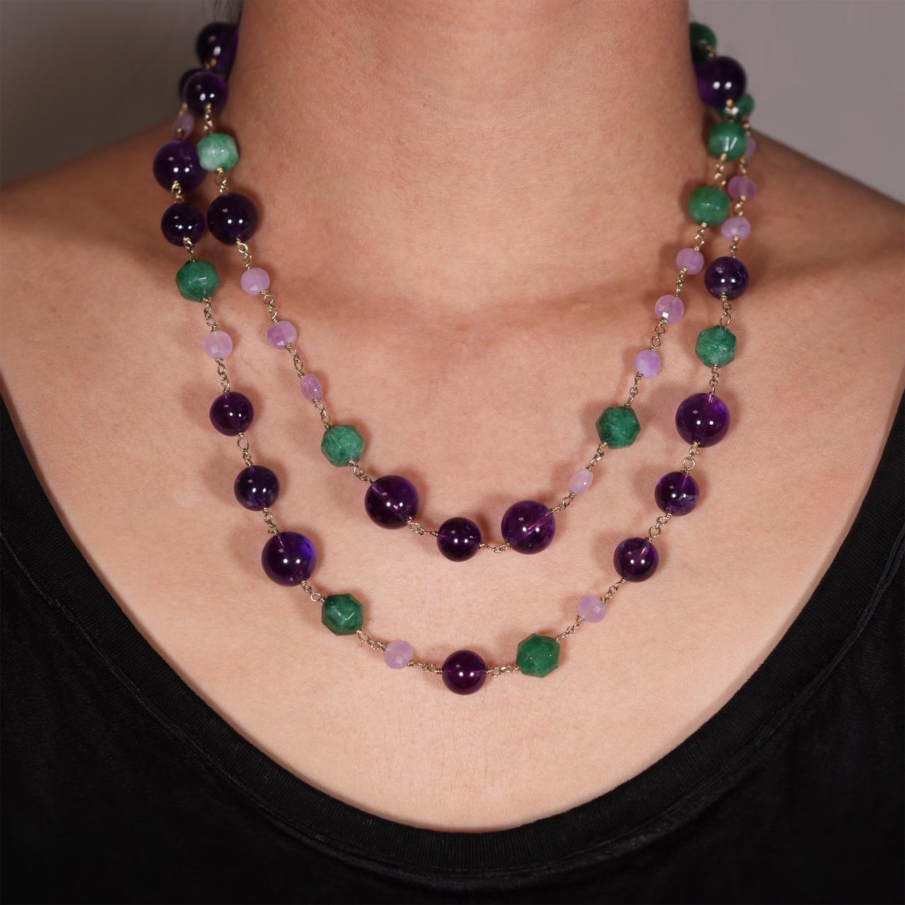 Amethyst and green garnet beads necklace with gold-plated silver fittings from the Carmela Cerrone Collection