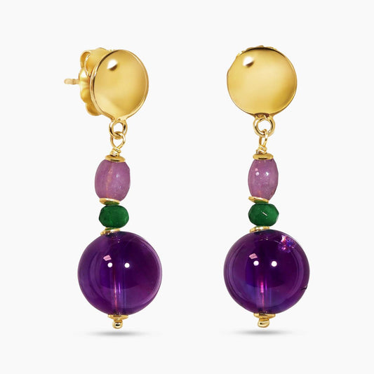 Amethyst and green garnet beads drop earrings with gold-plated silver fittings from the Carmela Cerrone Collection