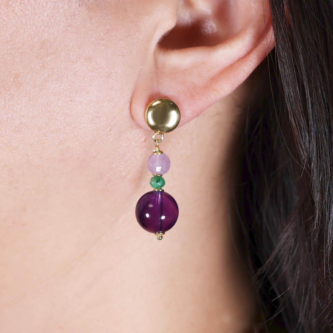 Amethyst and green garnet beads drop earrings with gold-plated silver fittings from the Carmela Cerrone Collection