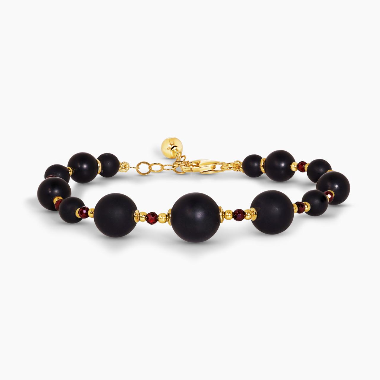 Onyx, garnet and hematite beads bracelet with gold plated silver fittings from the Carmela Cerrone Collection