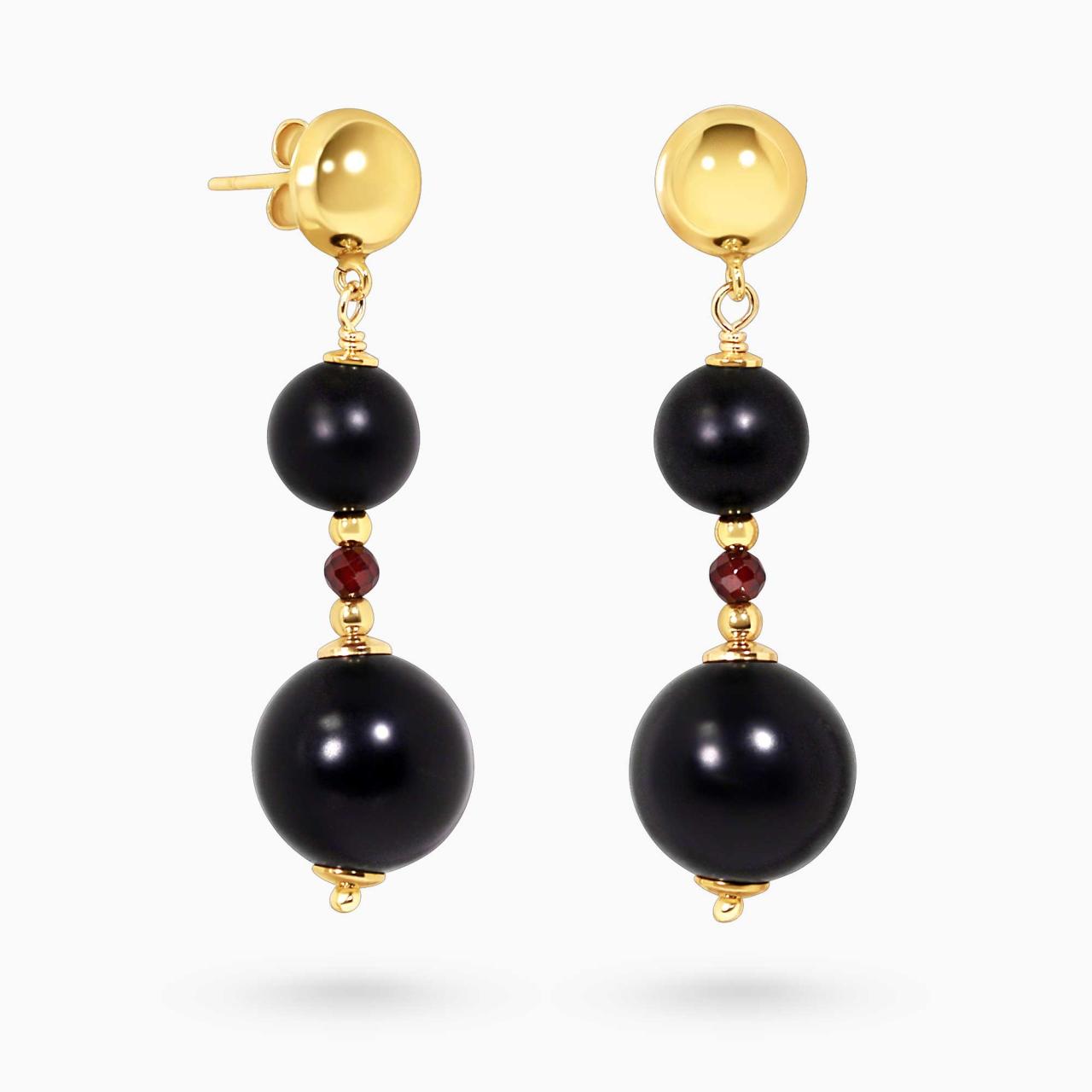 Onyx, garnet and hematite beads drop earrings with gold-plated silver fittings from the Carmela Cerrone Collection