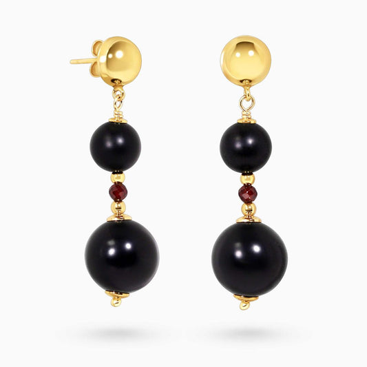 Onyx, garnet and hematite beads drop earrings with gold-plated silver fittings 