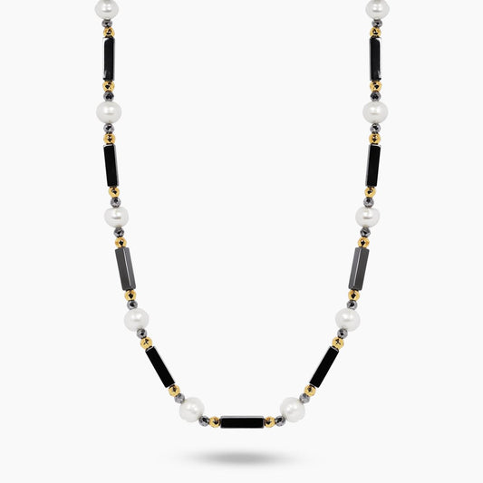 Hematite and fresh water pearls necklace with gold-plated silver fittings