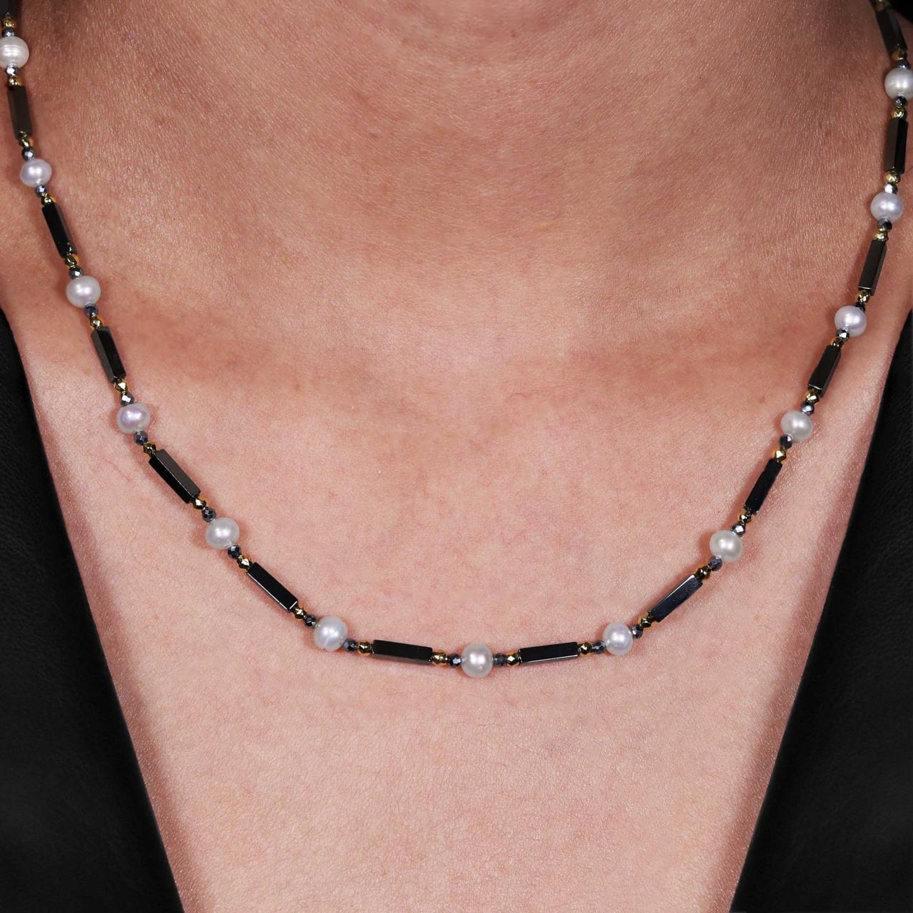 Hematite and fresh water pearls necklace with gold-plated silver fittings from the Carmela Cerrone Collection