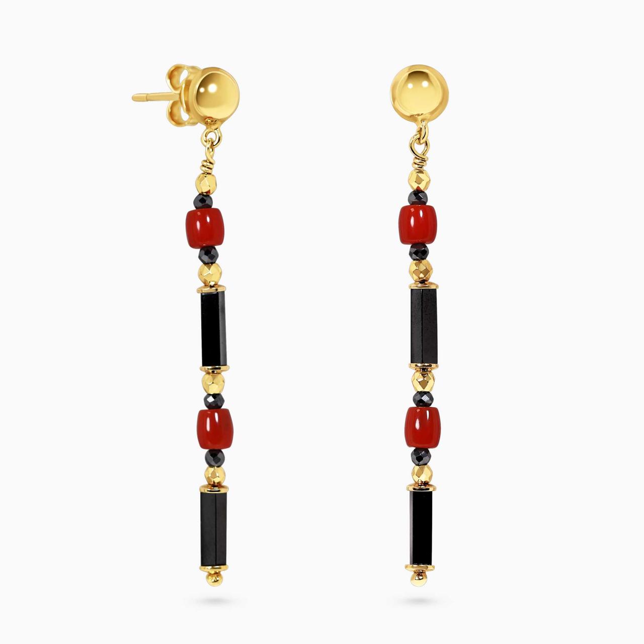 Hematite and coral beads drop earrings with gold-plated silver fittings from the Carmela Cerrone Collection
