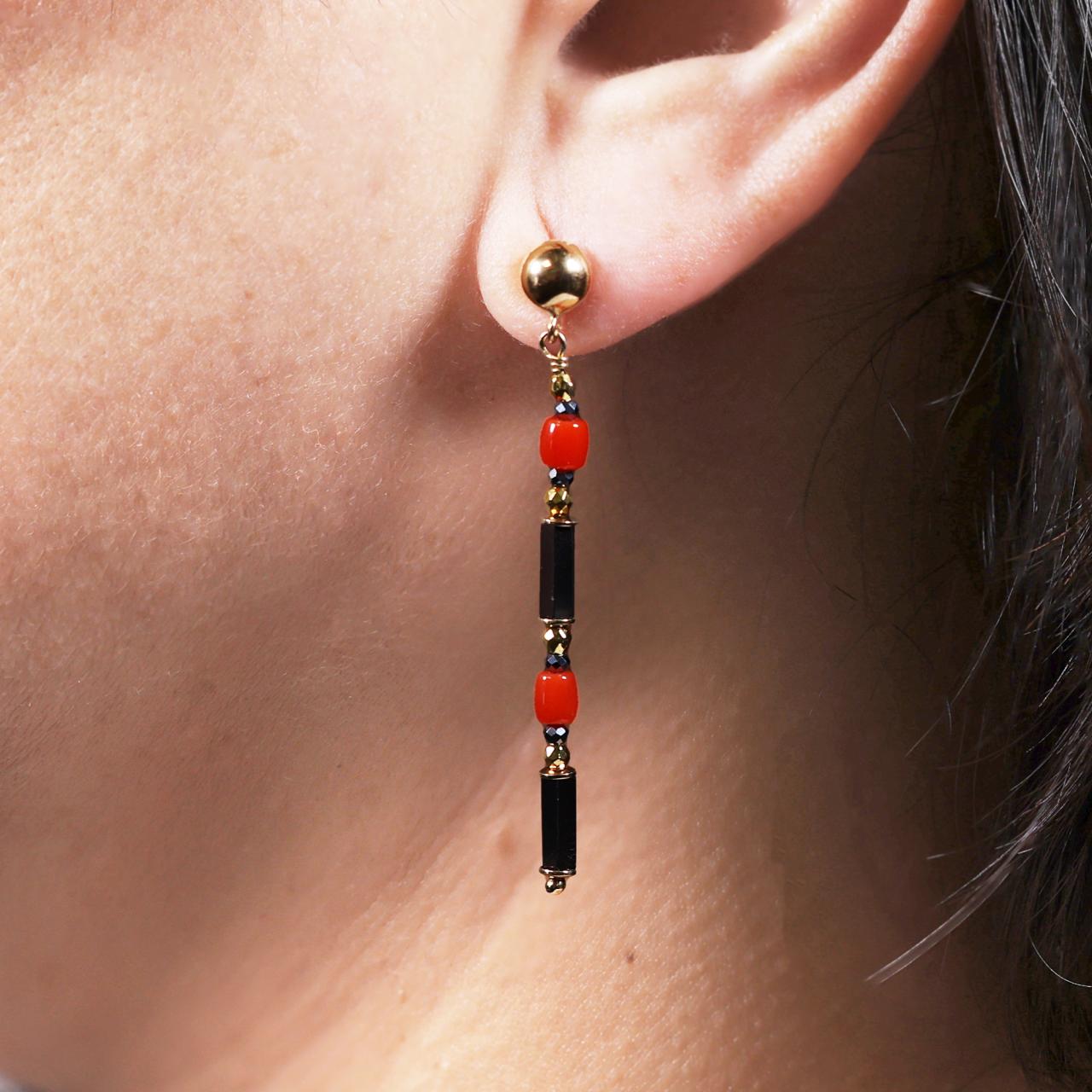 Hematite and coral beads drop earrings with gold-plated silver fittings from the Carmela Cerrone Collection
