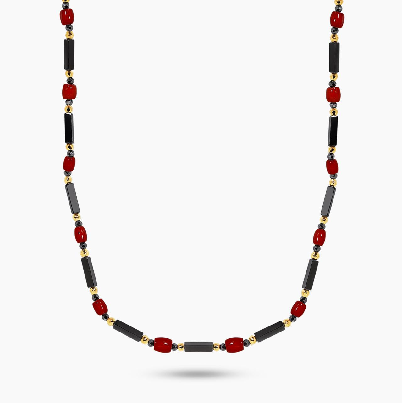 Hematite and coral beads necklace with gold-plated silver fittings from the Carmela Cerrone Collection
