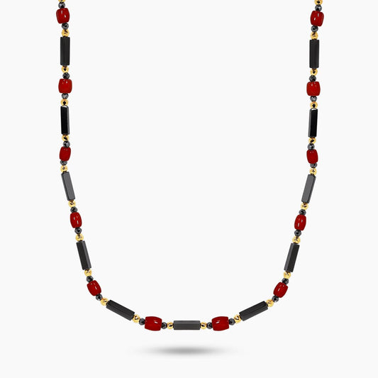 Hematite and coral beads necklace with gold-plated silver fittings