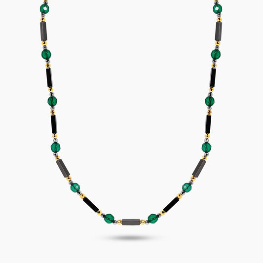 Hematite and green agate beads necklace with gold-plated silver fittings 