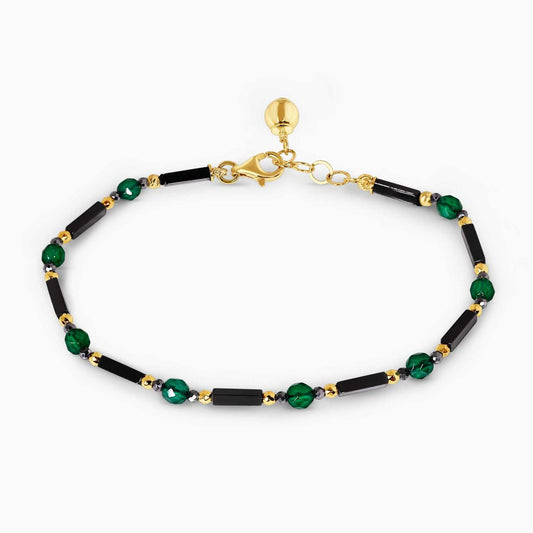 Hematite and green agate beads bracelet with gold plated silver fittings 