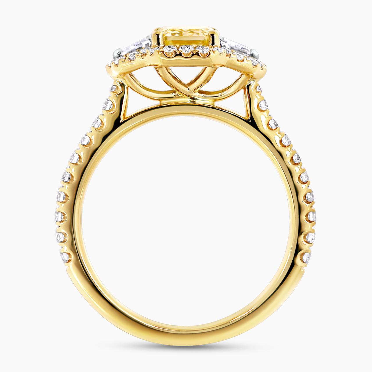 18ct yellow gold Fancy Intense Yellow emerald cut diamond engagement ring side profile