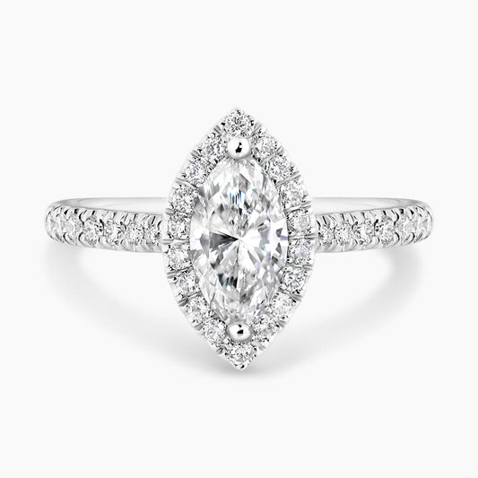 18ct white gold marquise diamond engagement ring with halo