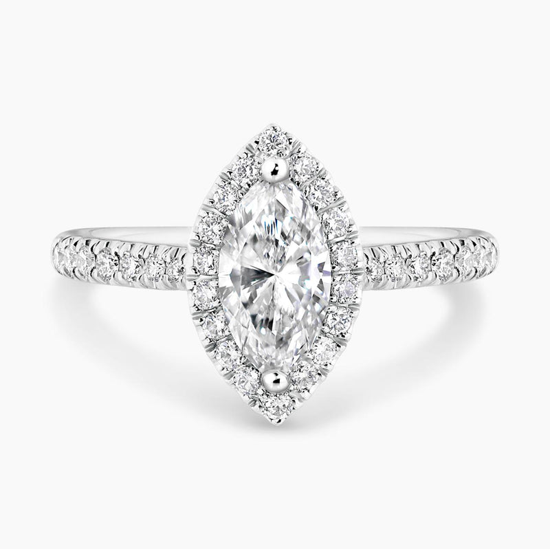 18ct white gold marquise diamond engagement ring with halo