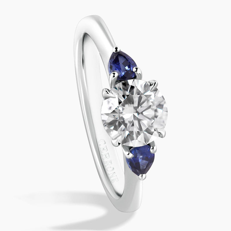 18ct white gold Round Brilliant Cut LAB Grown Diamond and Ceylon blue sapphires engagement ring side view