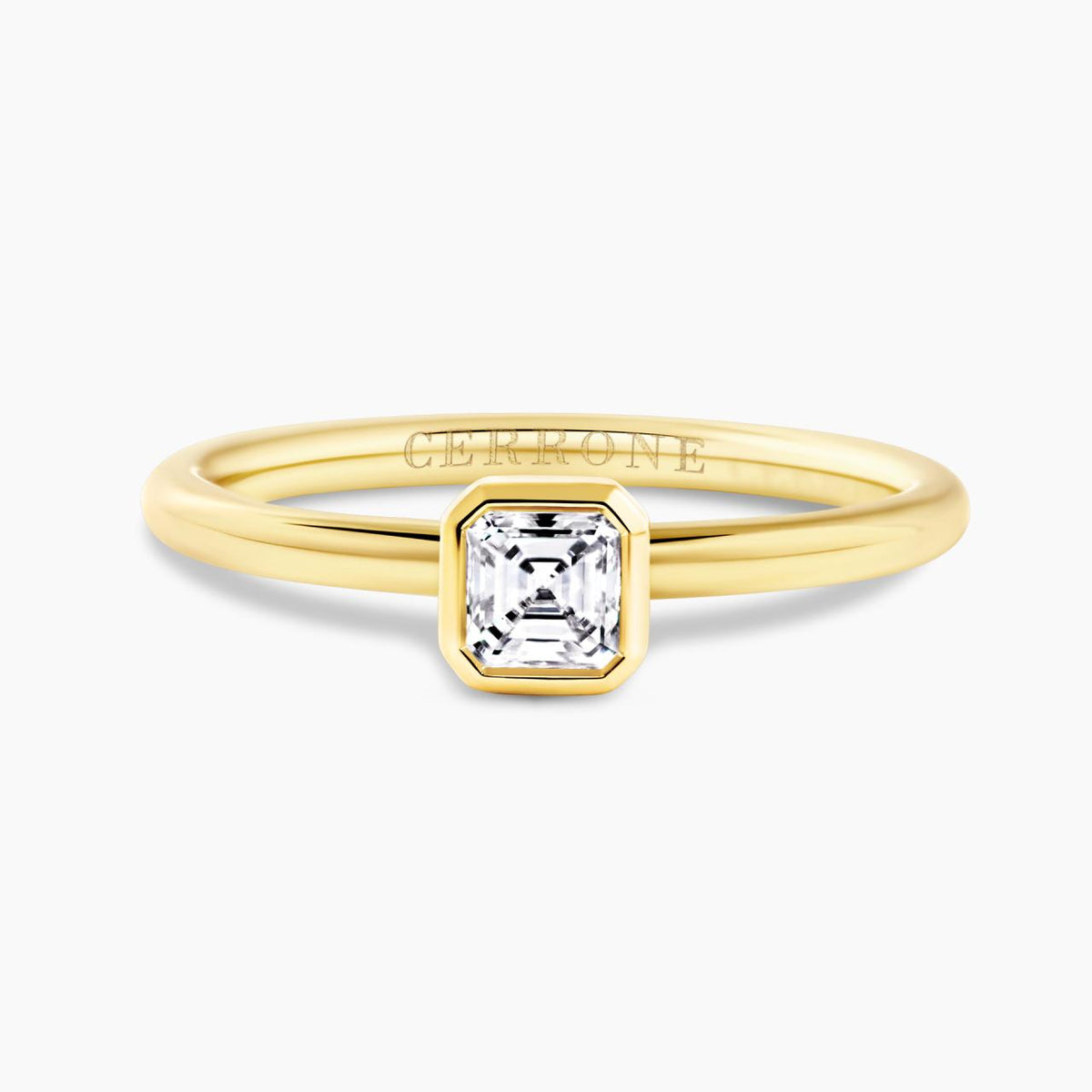 18ct yellow gold 0.42ct EF VS Asscher cut diamond in a bezel set ring