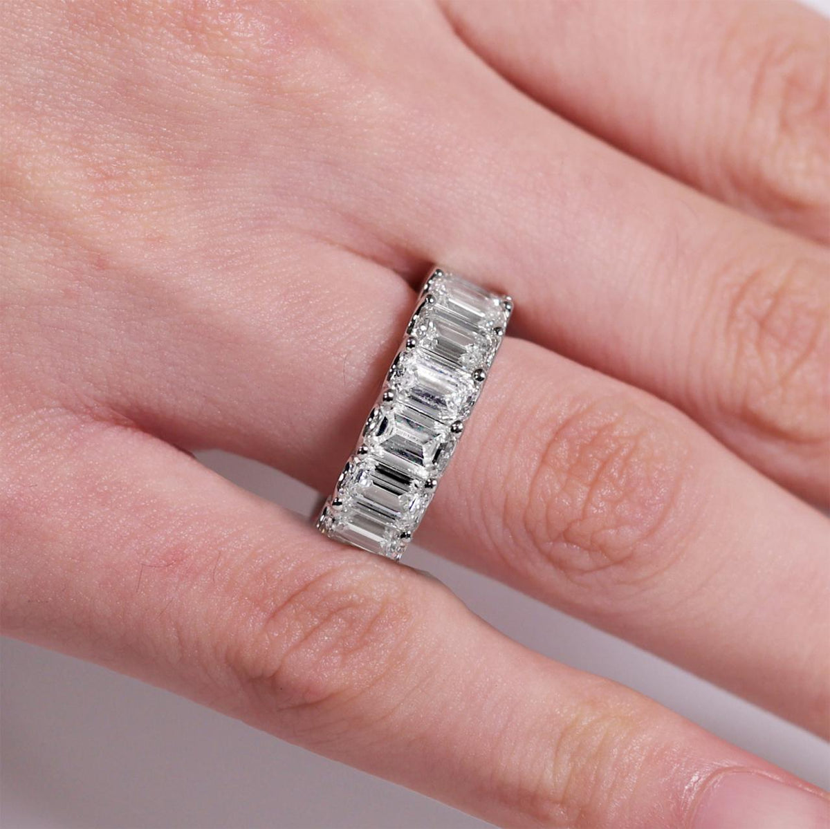 18ct white gold full circle 9.69ct emerald cut LAB Grown diamond ring on the finger
