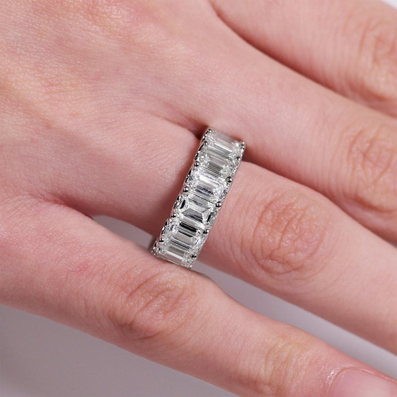 18ct white gold full circle 9.69ct emerald cut LAB Grown diamond ring on the finger