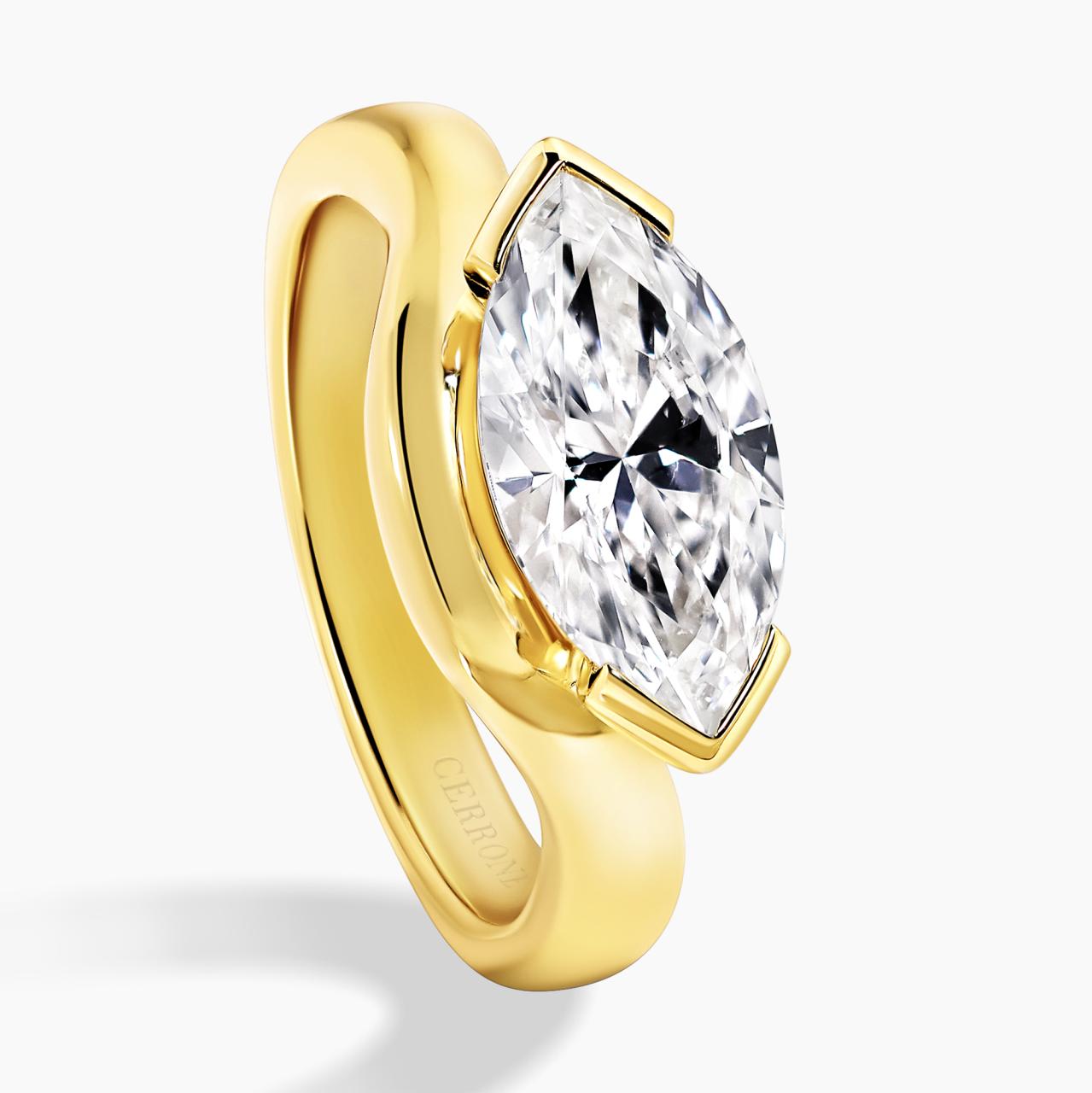 18ct yellow gold 2.07ct D VVS2 marquise lab grown diamond ring in a four claw setting. IGI Cert